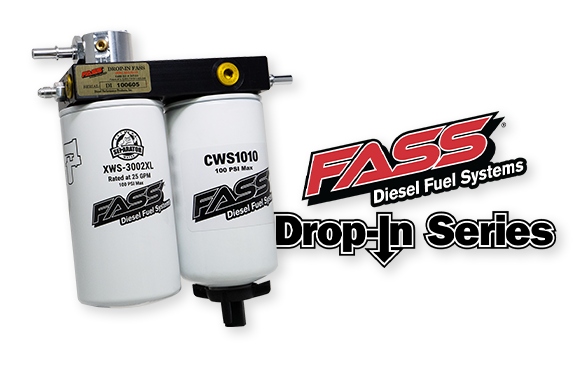 FASS Diesel Fuel Systems Drop-In Series, fuel filter system with two white cylinders and black frame.