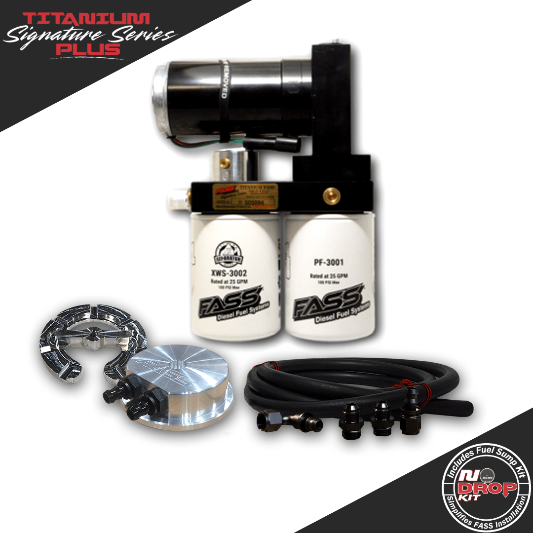 A FASS Titanium Signature Series Plus diesel fuel pump system with filters, hoses, and installation hardware.