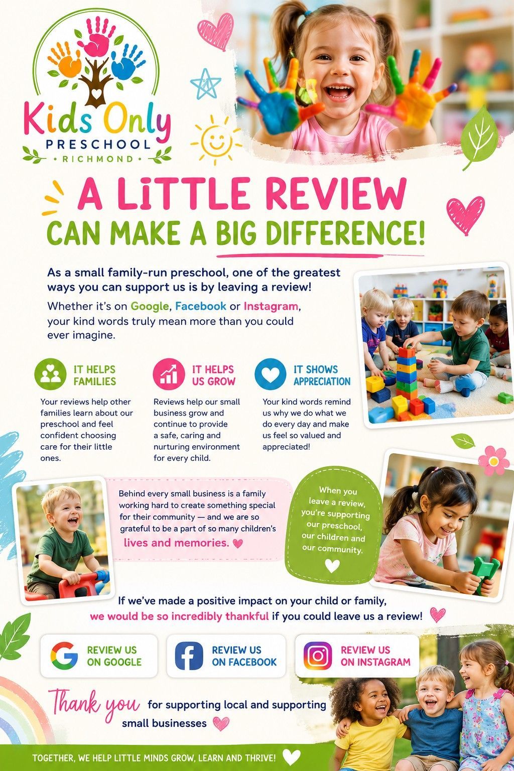 Kids Only Preschool poster with two smiling children, colorful “Friendships start here” text, and social skills icons.
