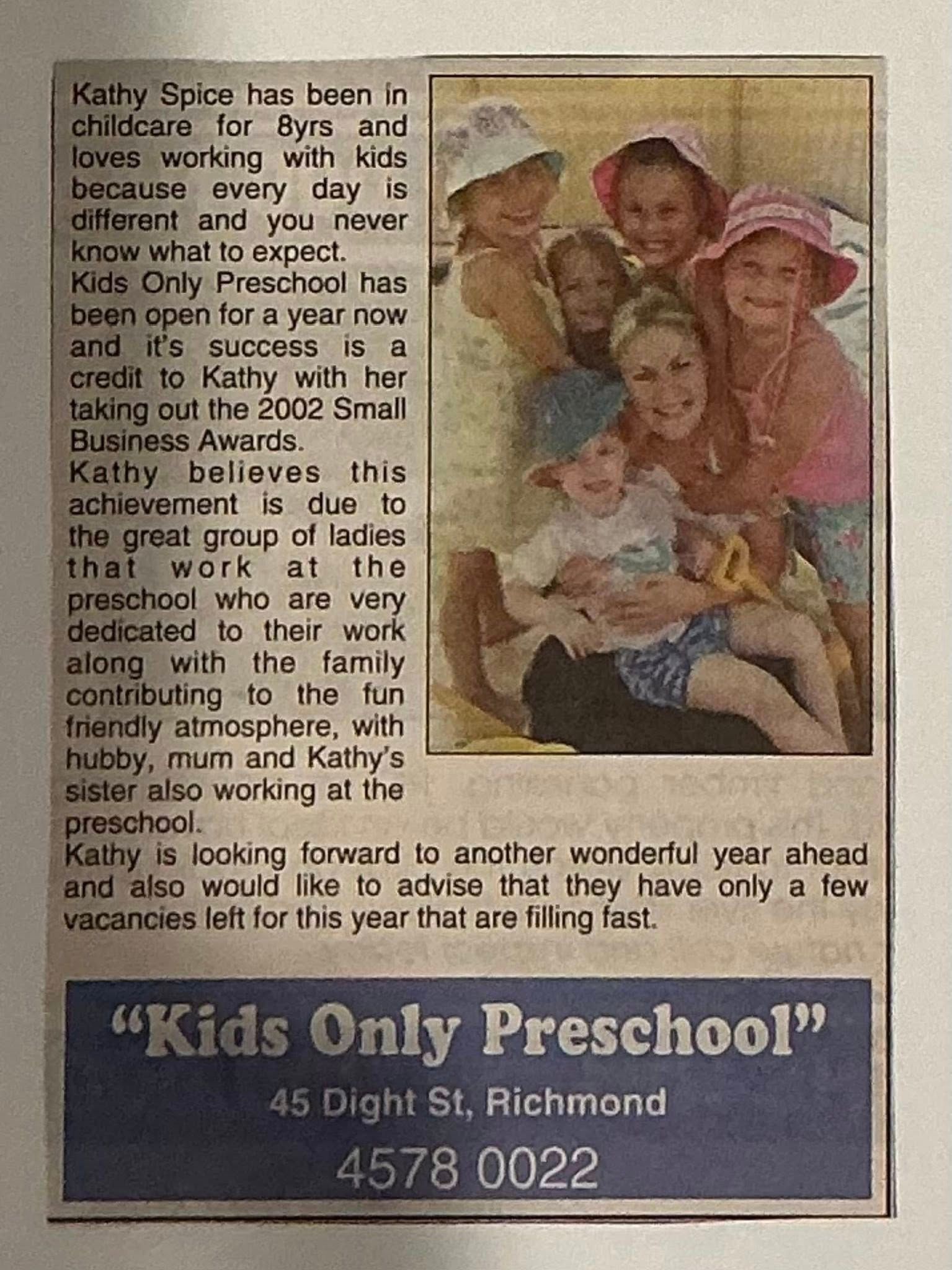 Kids Only Preschool flyer with smiling children and staff, text box, and contact details on a tan background