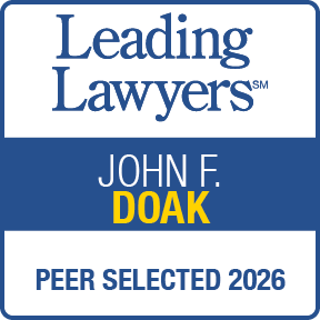 Leading Lawyers badge for John F. Doak, Peer Selected 2025; blue and white color scheme.