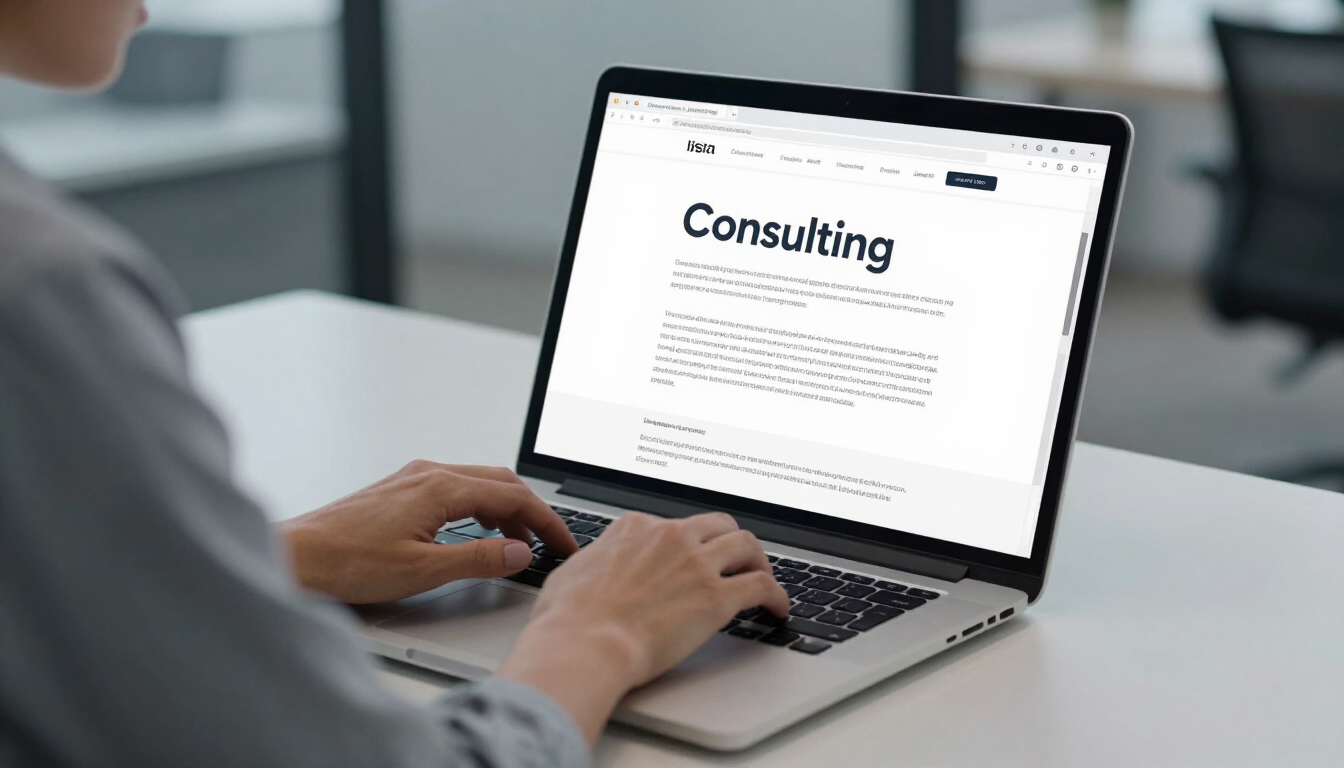 Person typing in a browser-based website editor with AI-generated consulting copy on screen