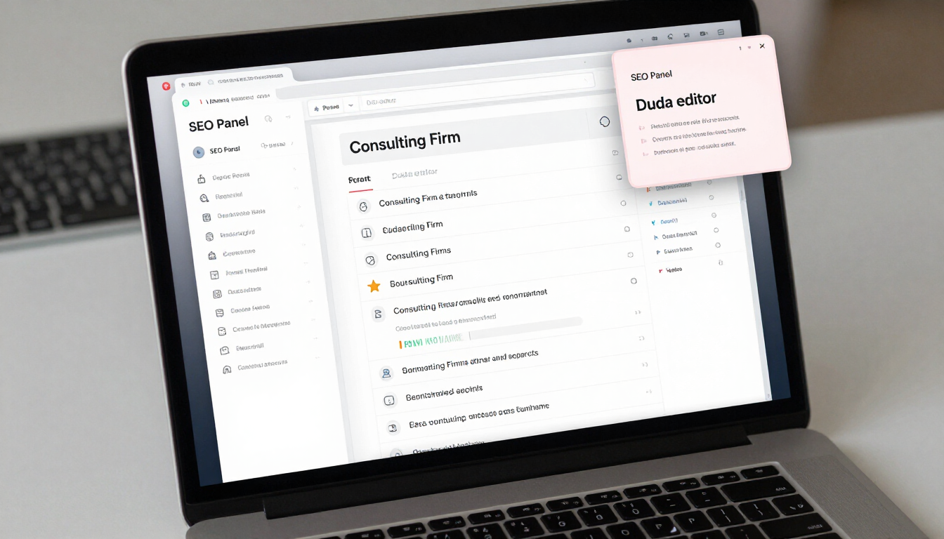Search engine results page showing a consulting firm in position one with Duda SEO panel open