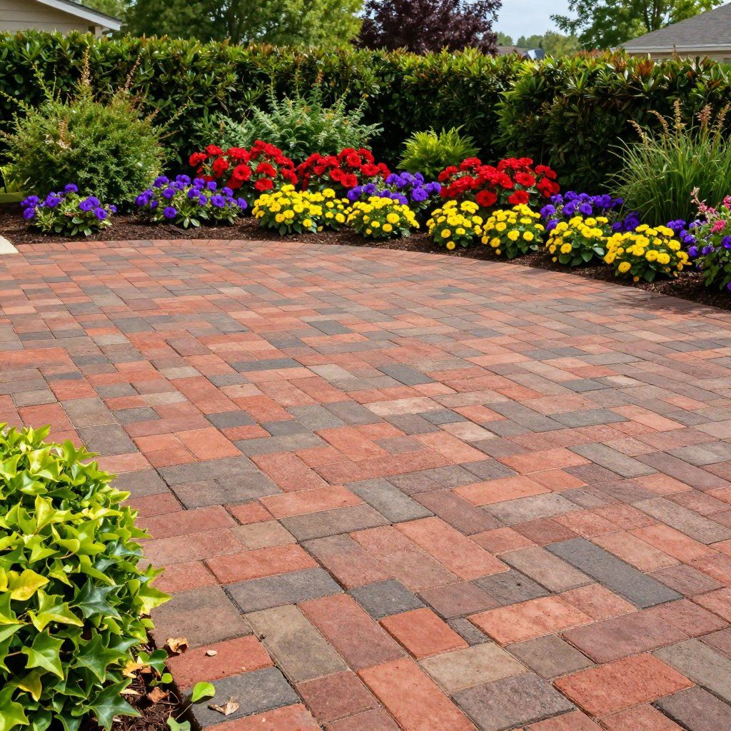 Brick patio with vibrant flower bed border.