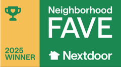 Visit our Next Door page Neighborhood FAVE award badge from Nextdoor, 2025 winner; gold and green with trophy and house icons.