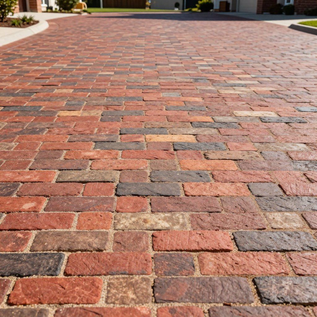 Red brick paved driveway leading towards houses.