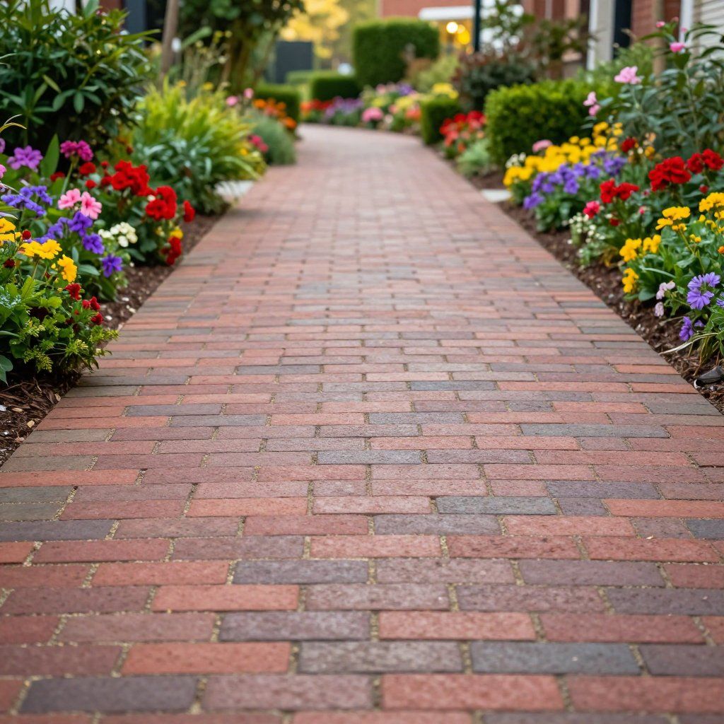 Brick pathway lined with colorful flowers and green plants.