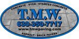 Logo for T.M.W., a paving company, featuring blue and gray text on a textured oval with a phone number and website.