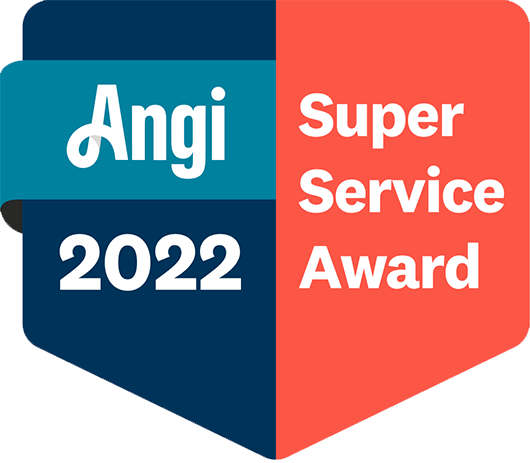 A blue and red badge that says angi super service award 2022