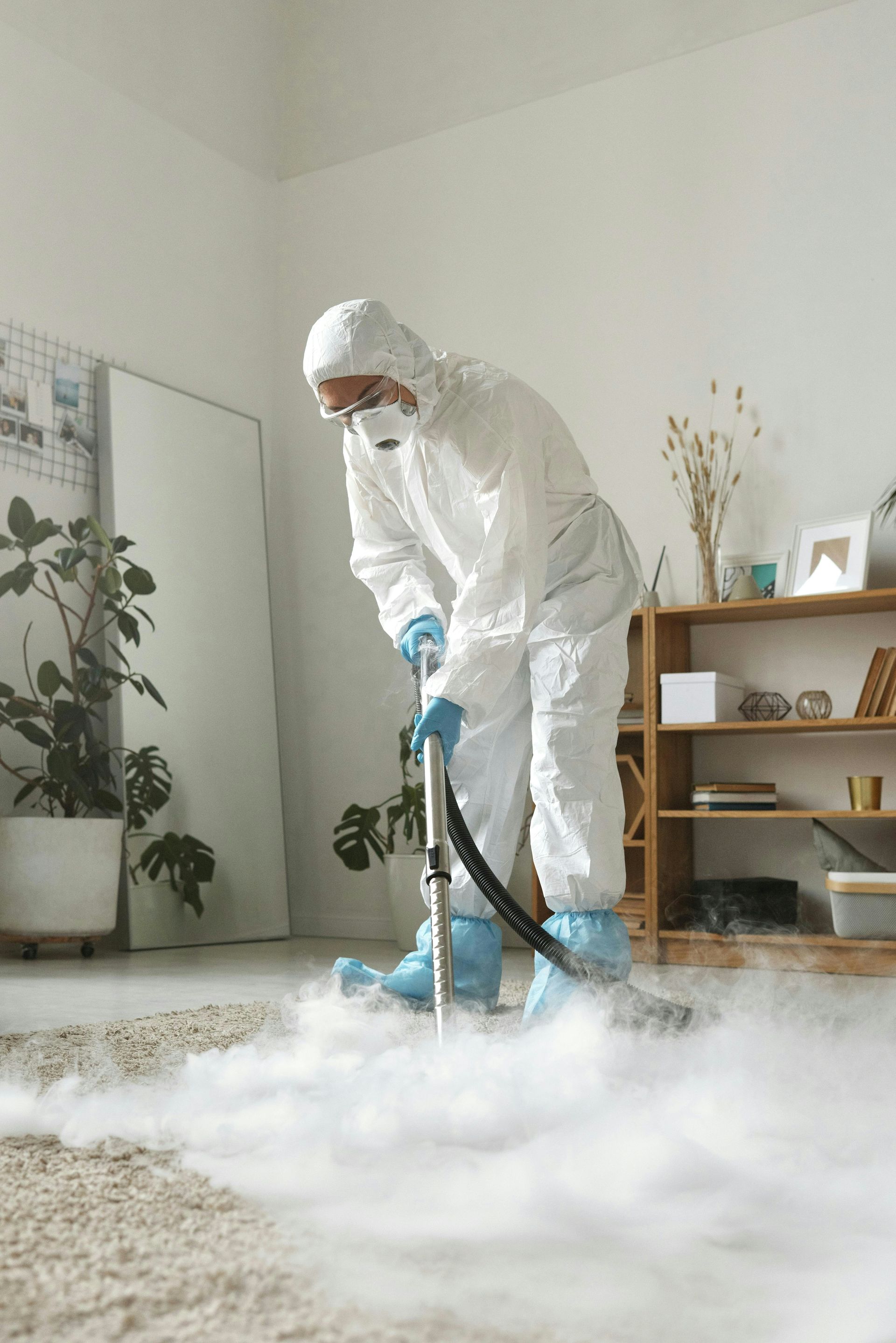 Person in hazmat suit steam-cleaning a carpet in a room, steam rising.
