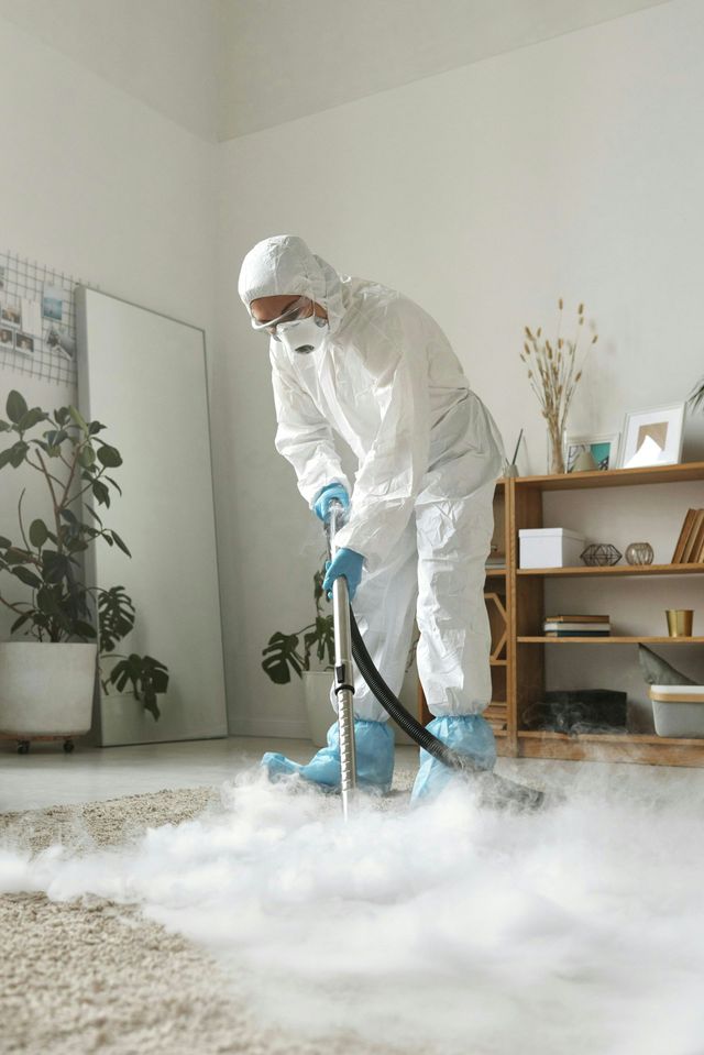 Person in hazmat suit steam-cleaning a carpet in a room, steam rising.