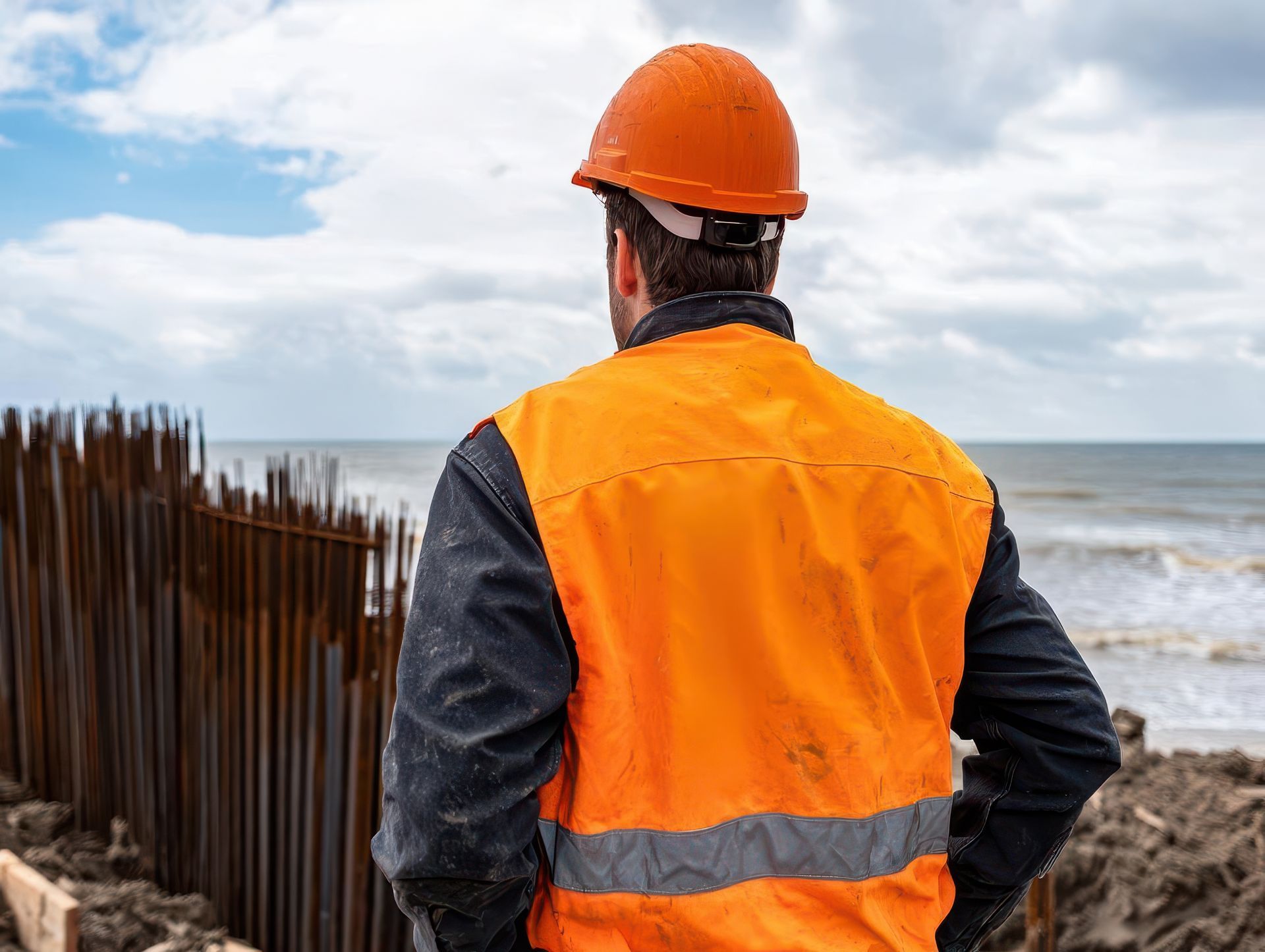 Engineer supervising seawall build to shield coastal homes from storm surges Engineer supervising seawall build to shield coastal homes from storm surges