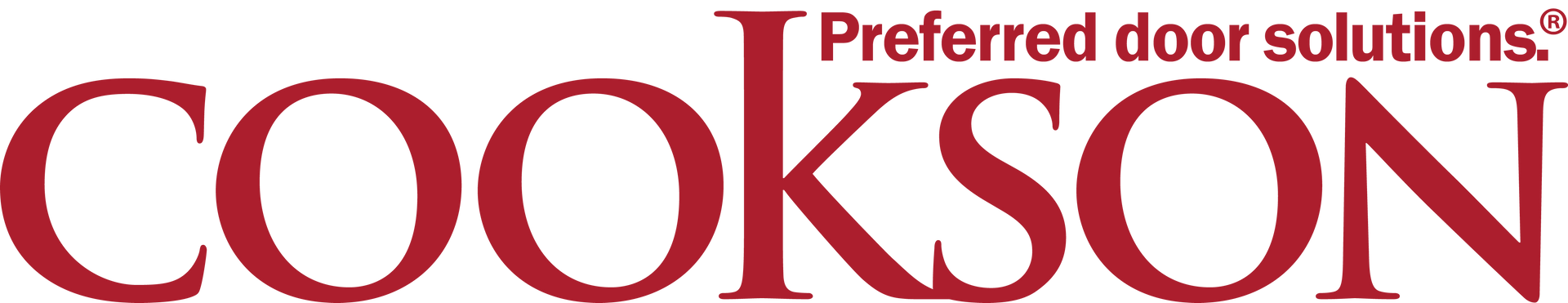 A red and white logo for cookson preferred door solutions