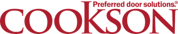 A red and white logo for cookson preferred door solutions