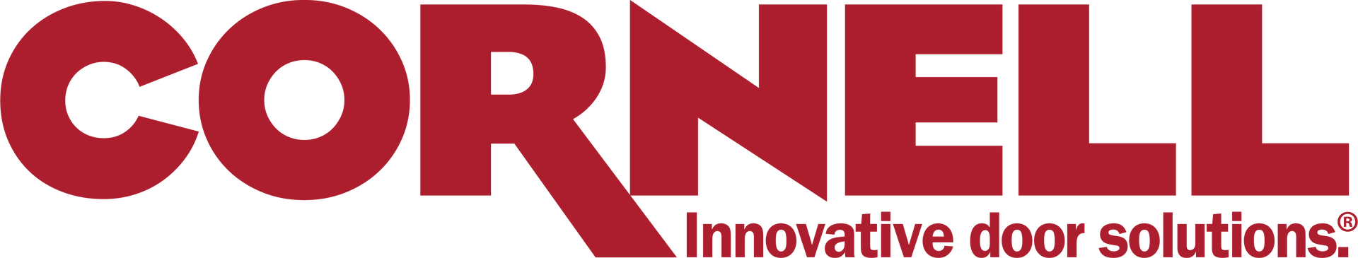 A red cornell innovative door solutions logo on a white background