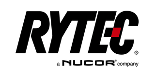 The logo for rytec a nucor company is black and red.