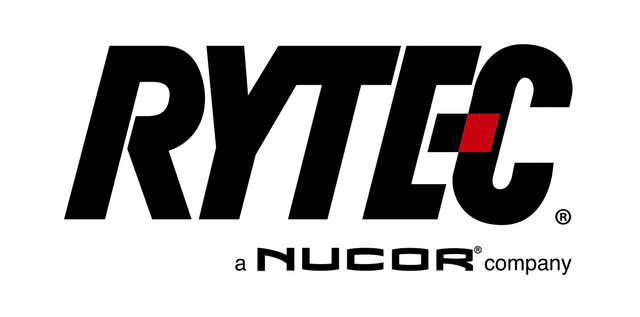 The logo for rytec a nucor company is black and red.