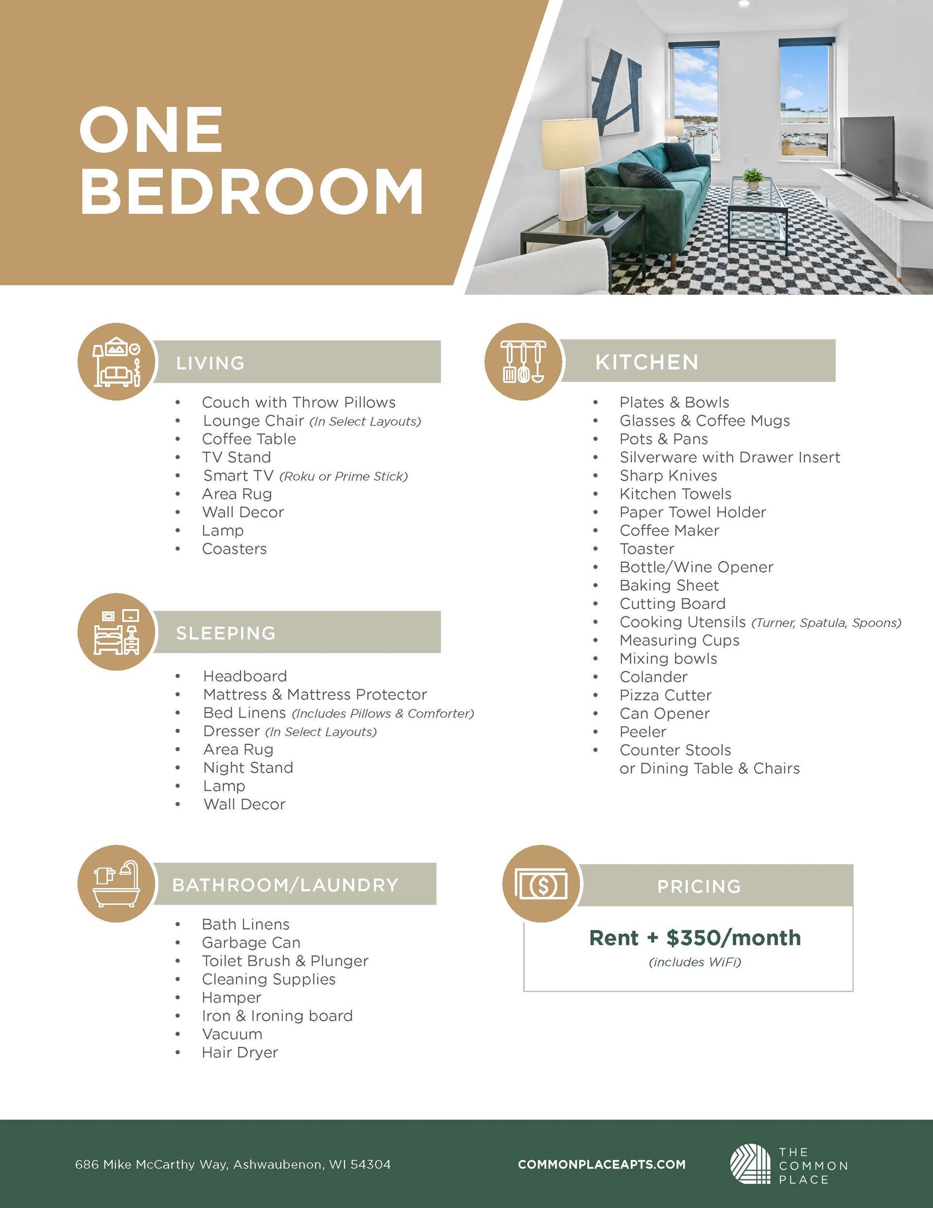 One bedroom fully furnished pricing sheet