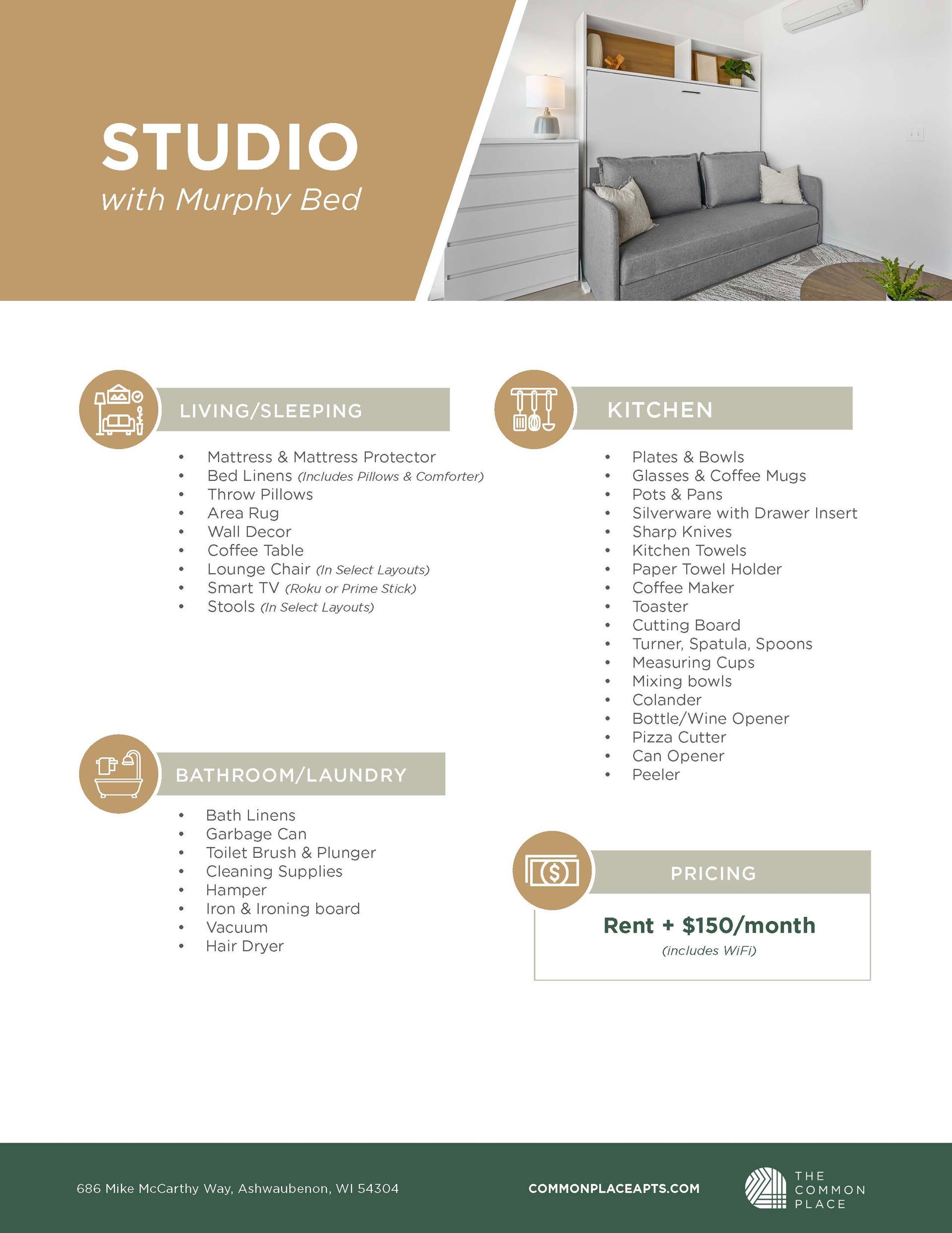Studio with Murphy bed fully furnished pricing sheet