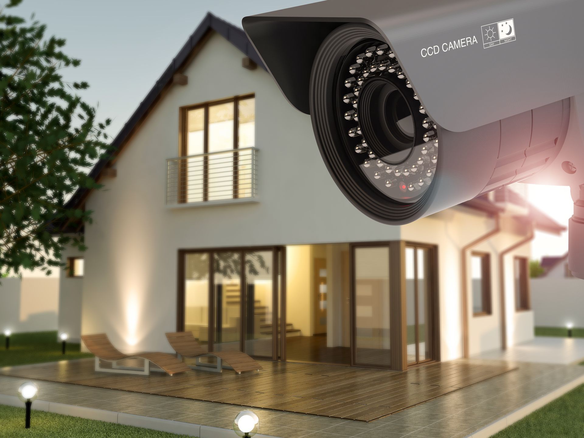 A security camera mounted in the foreground overlooks a modern two-story house with illuminated windows at twilight.