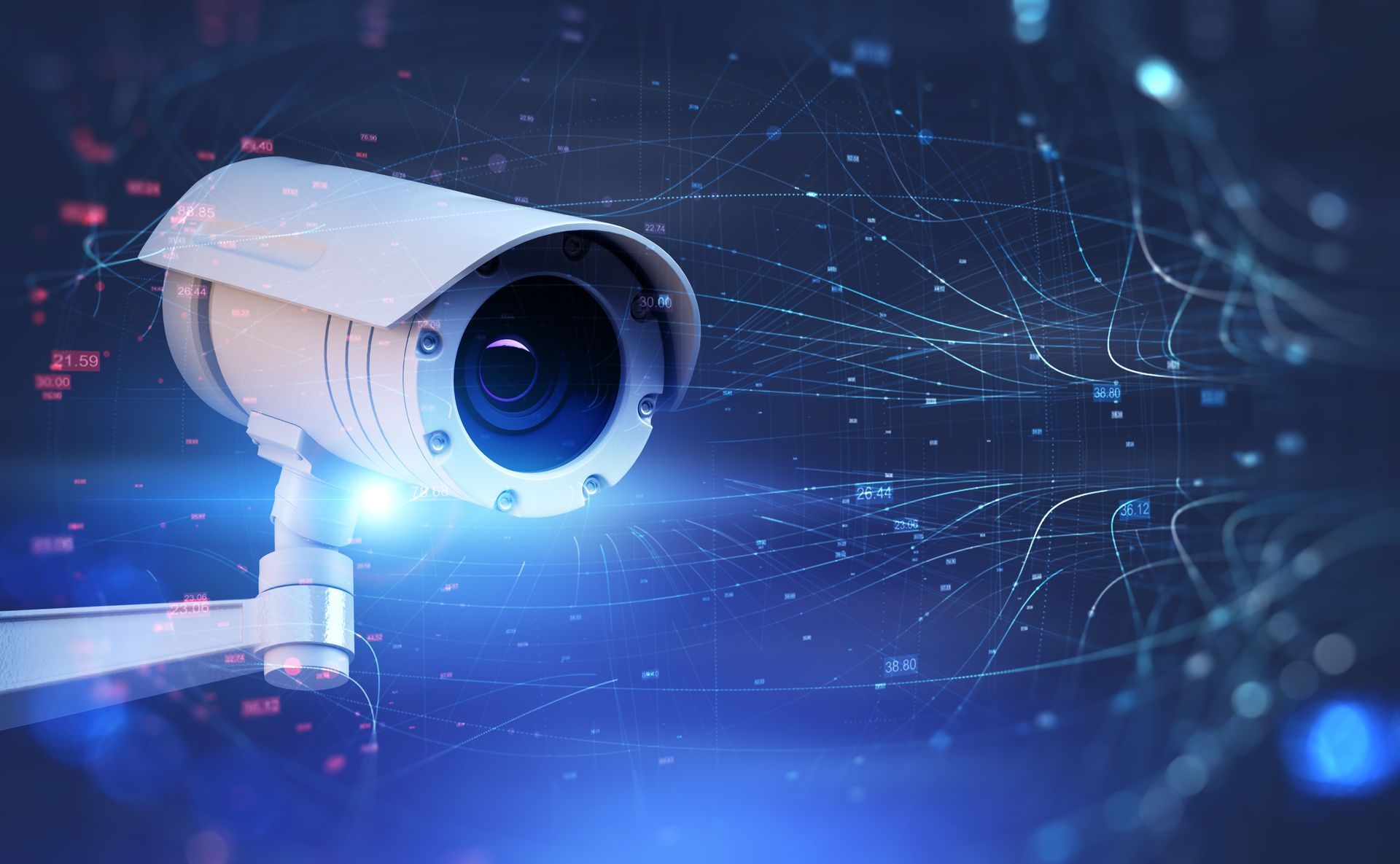 A security camera mounted against a blue, digital background featuring glowing data nodes and light trails.