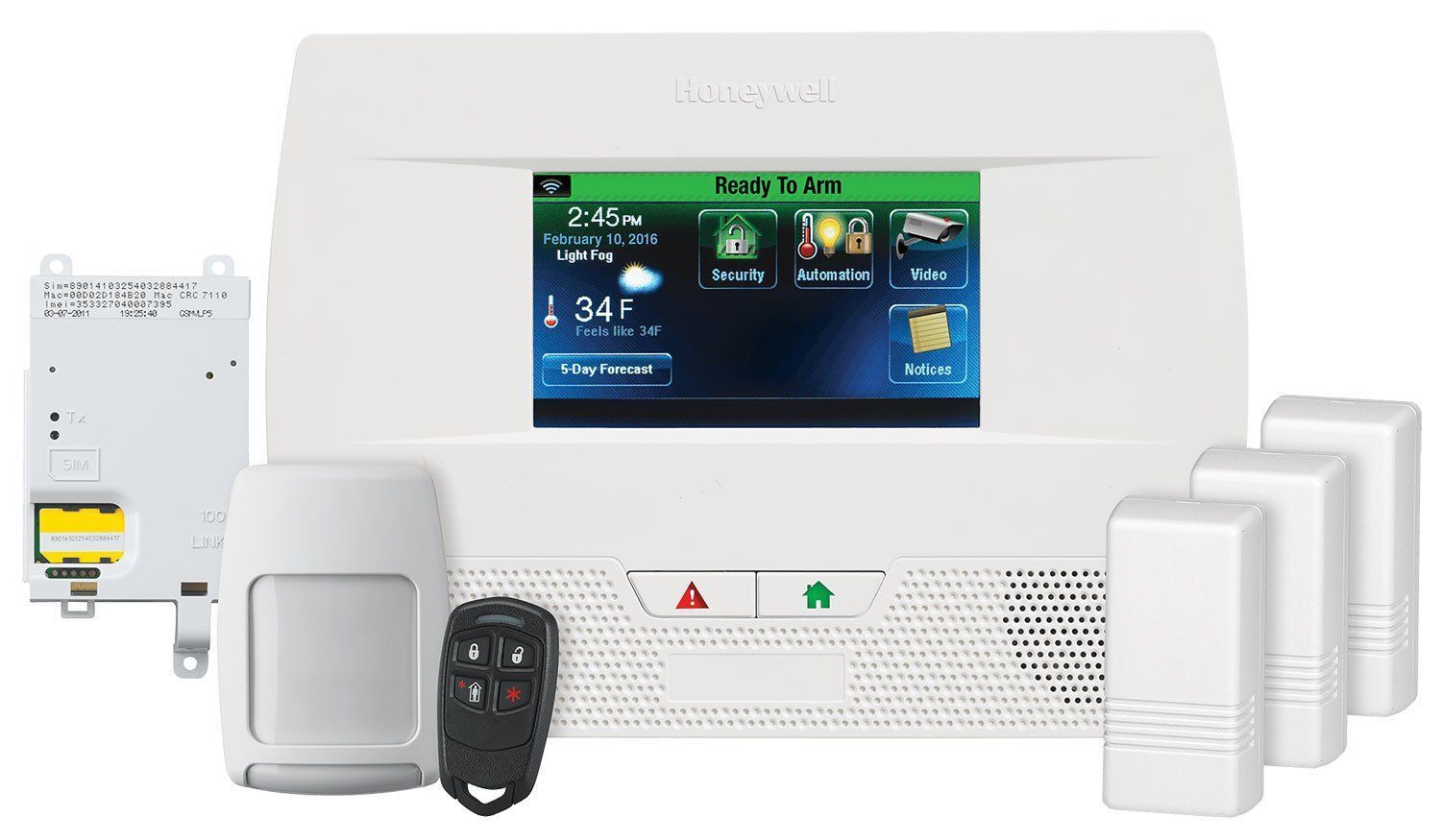 A white security system kit featuring a central touchscreen monitor, motion sensor, key fob, and three door sensors.