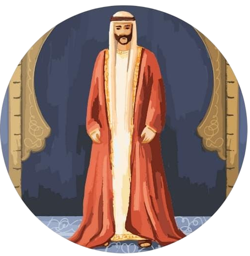 Hombre con atuendo árabe tradicional, de pie. Túnica roja sobre ropa blanca, barba oscura y fondo azul.