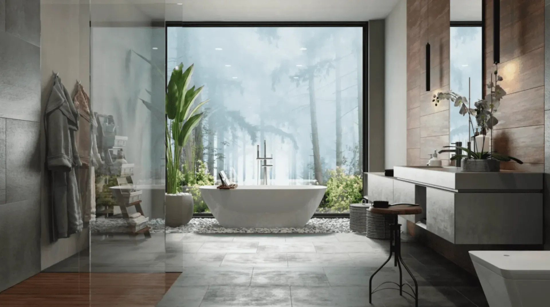 Luxury bathroom with indoor plant styling and large glass windows Newcastle renovation