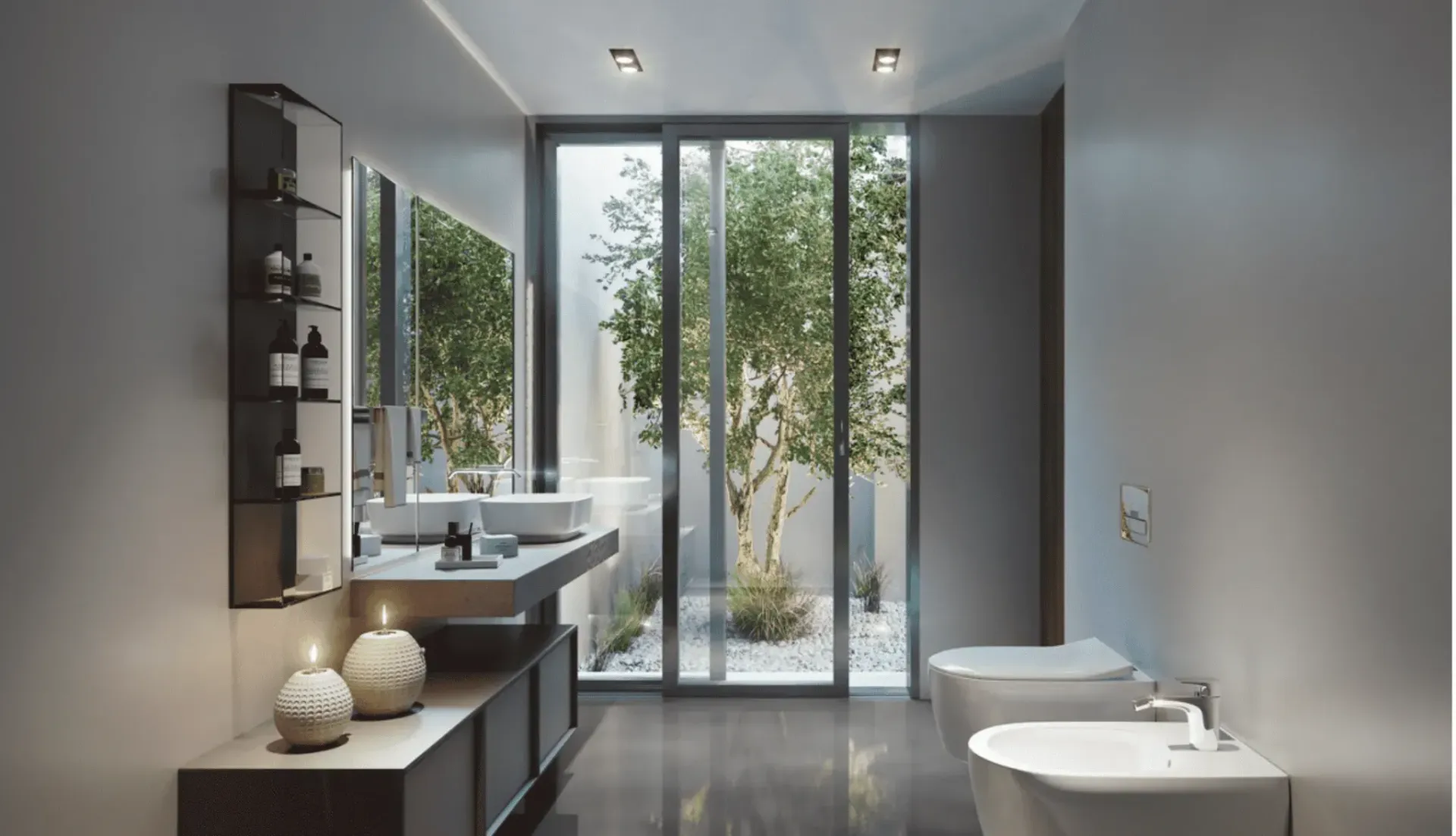 Minimalist Newcastle bathroom with wall-hung vanity and garden view Newcastle renovation