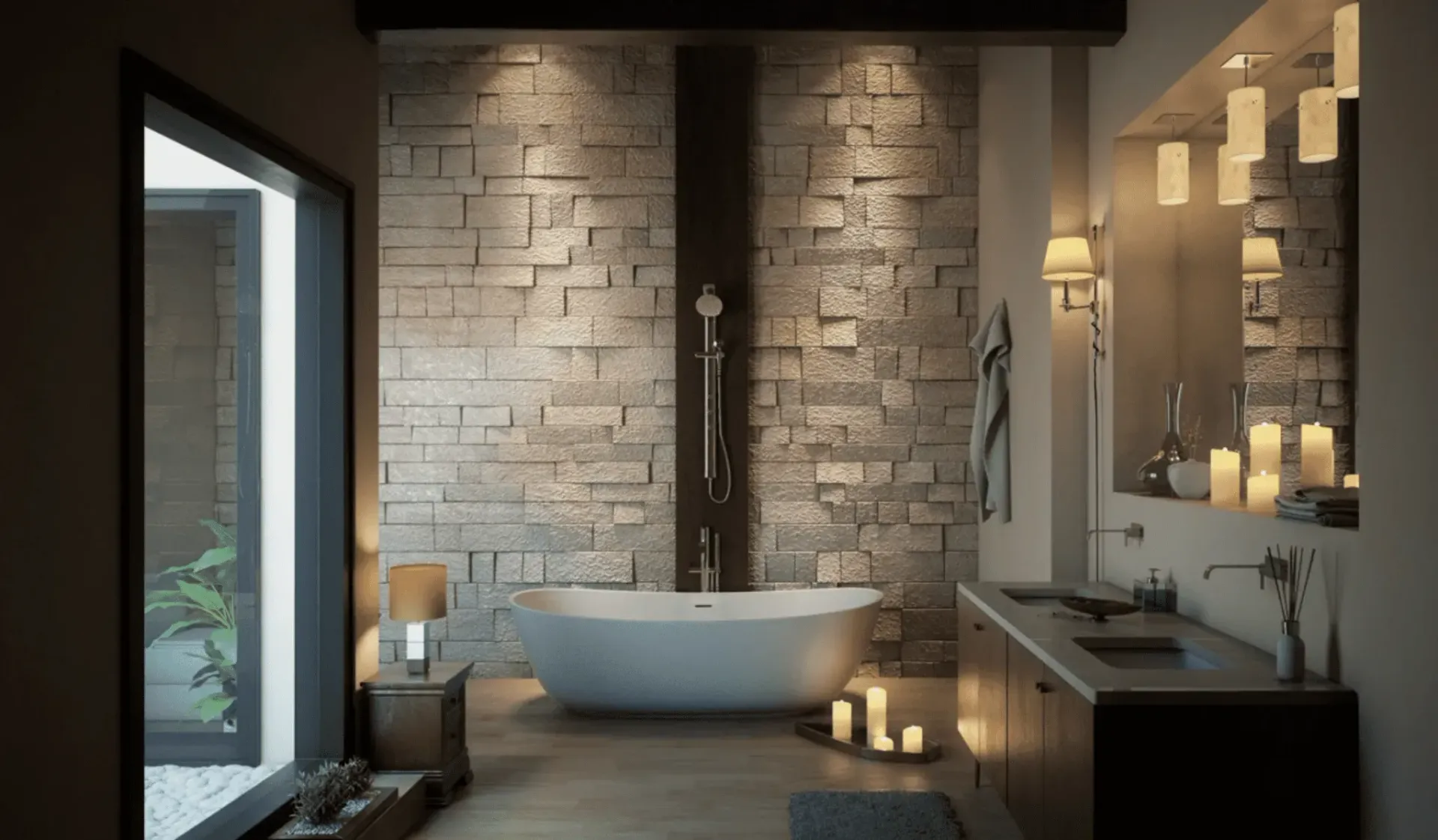 Warm lighting and textured wall feature in Newcastle bathroom renovation