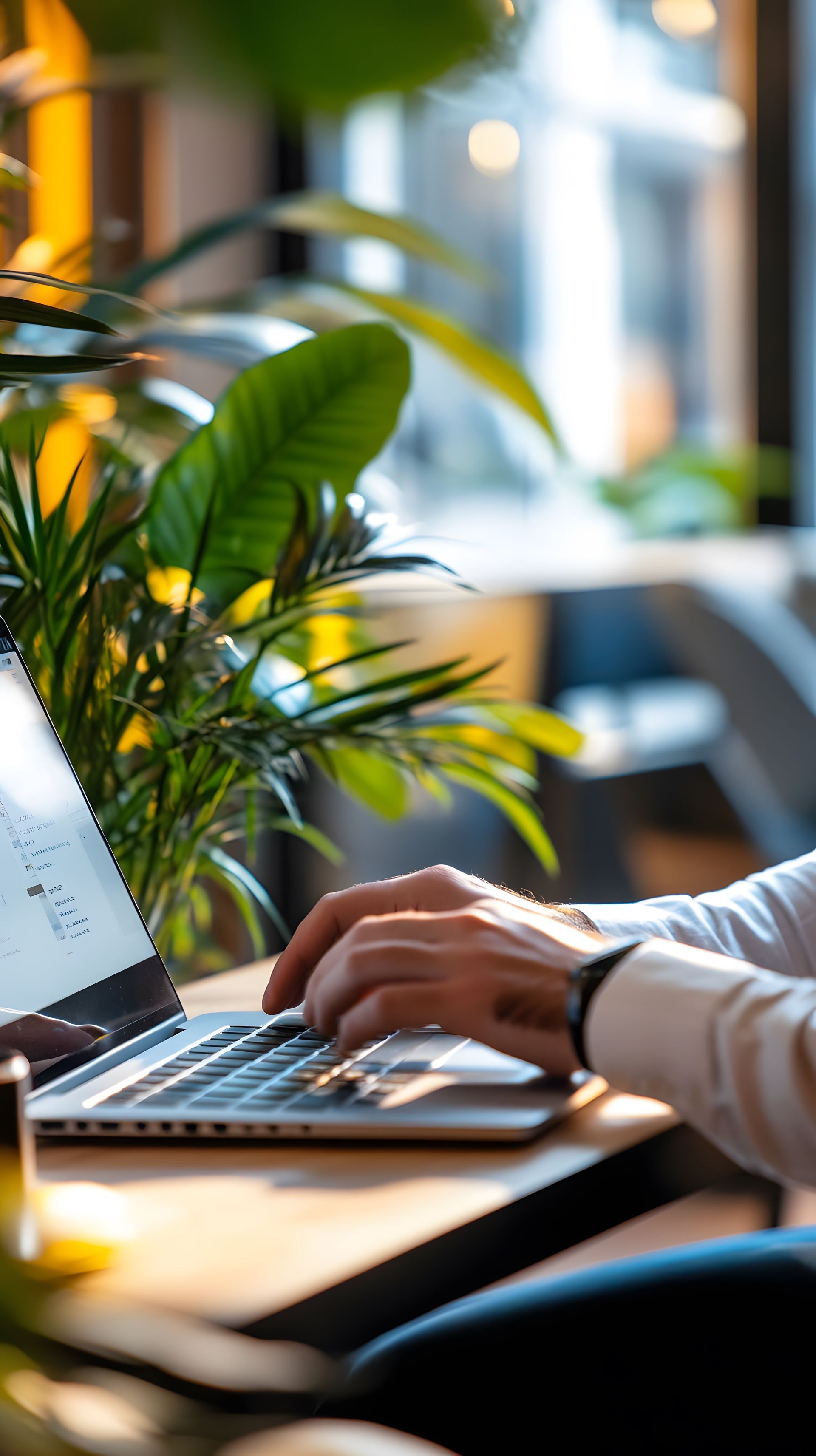 Person typing on laptop at wooden table, near green plants and window.