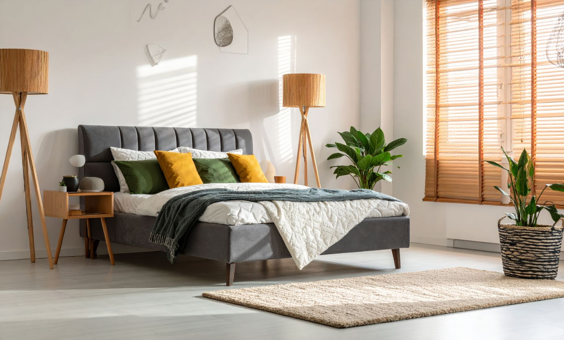 Bedroom with grey upholstered bed, wooden lamps, and plants.