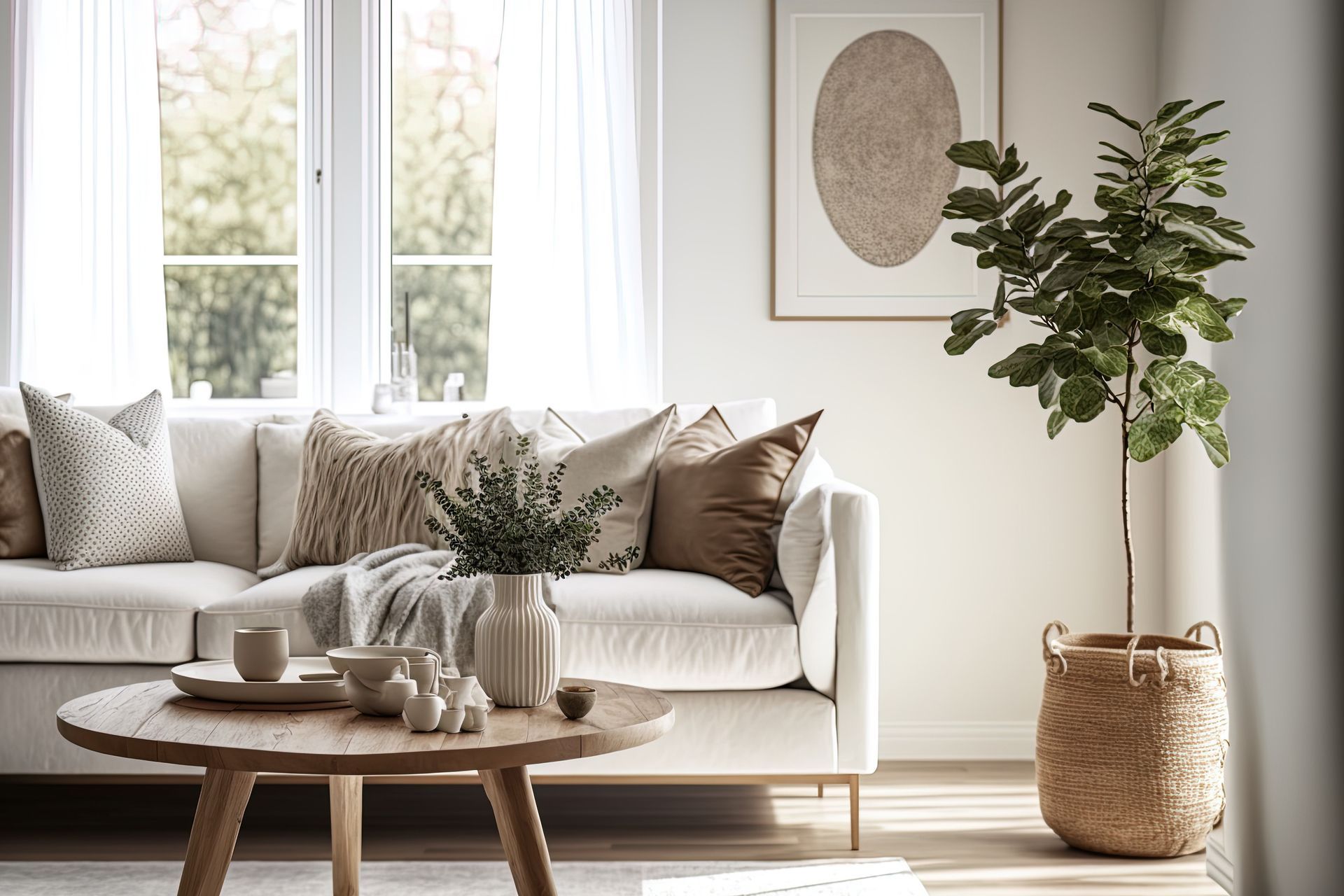 Living room with white sofa, round wooden table, potted tree, and large window.