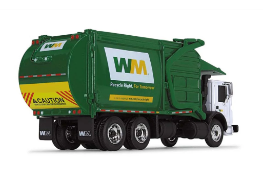 Green and white Waste Management garbage truck.