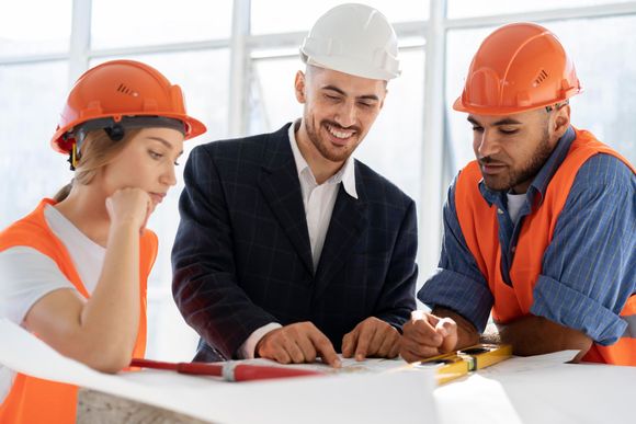 A group of construction workers are looking at a blueprint.