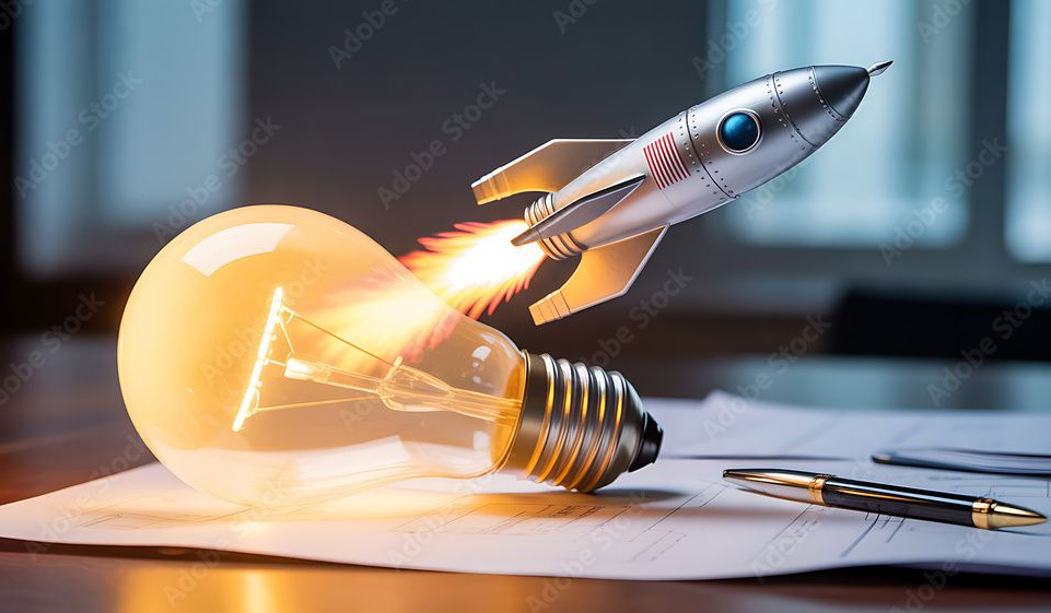 3d light bulb on desk and toy rocket taking off