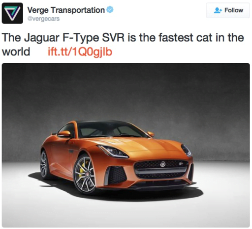 Twitter ad example for Verge Transportation showing a Jaguar F-Type SVR