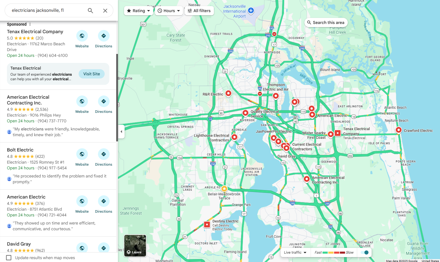 google map pack for electricians in jacksonville, florida