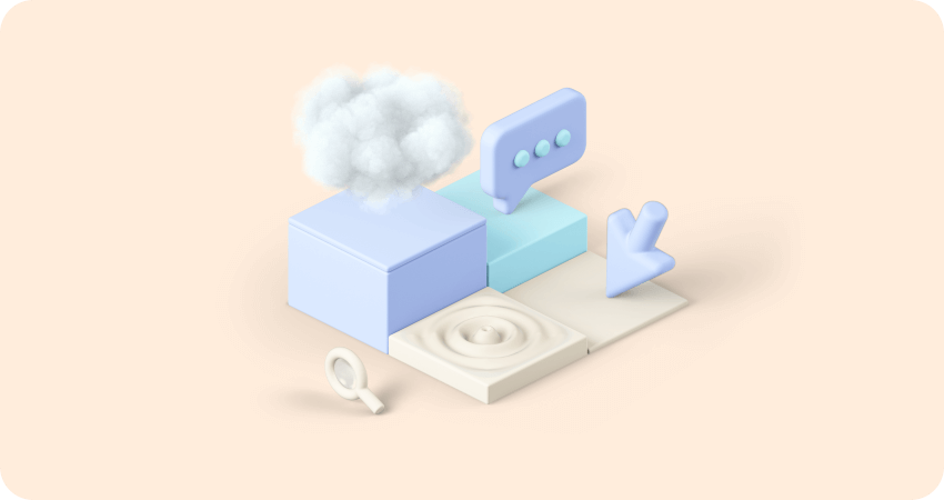 A 3d illustration of a cloud , speech bubble , arrow and magnifying glass.