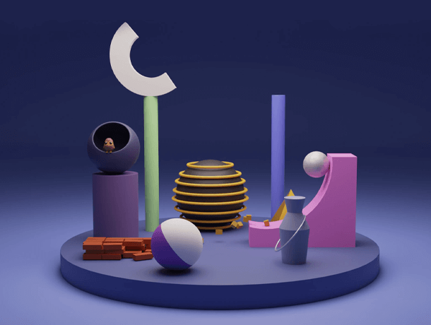 A display of colorful geometric shapes on a blue background
