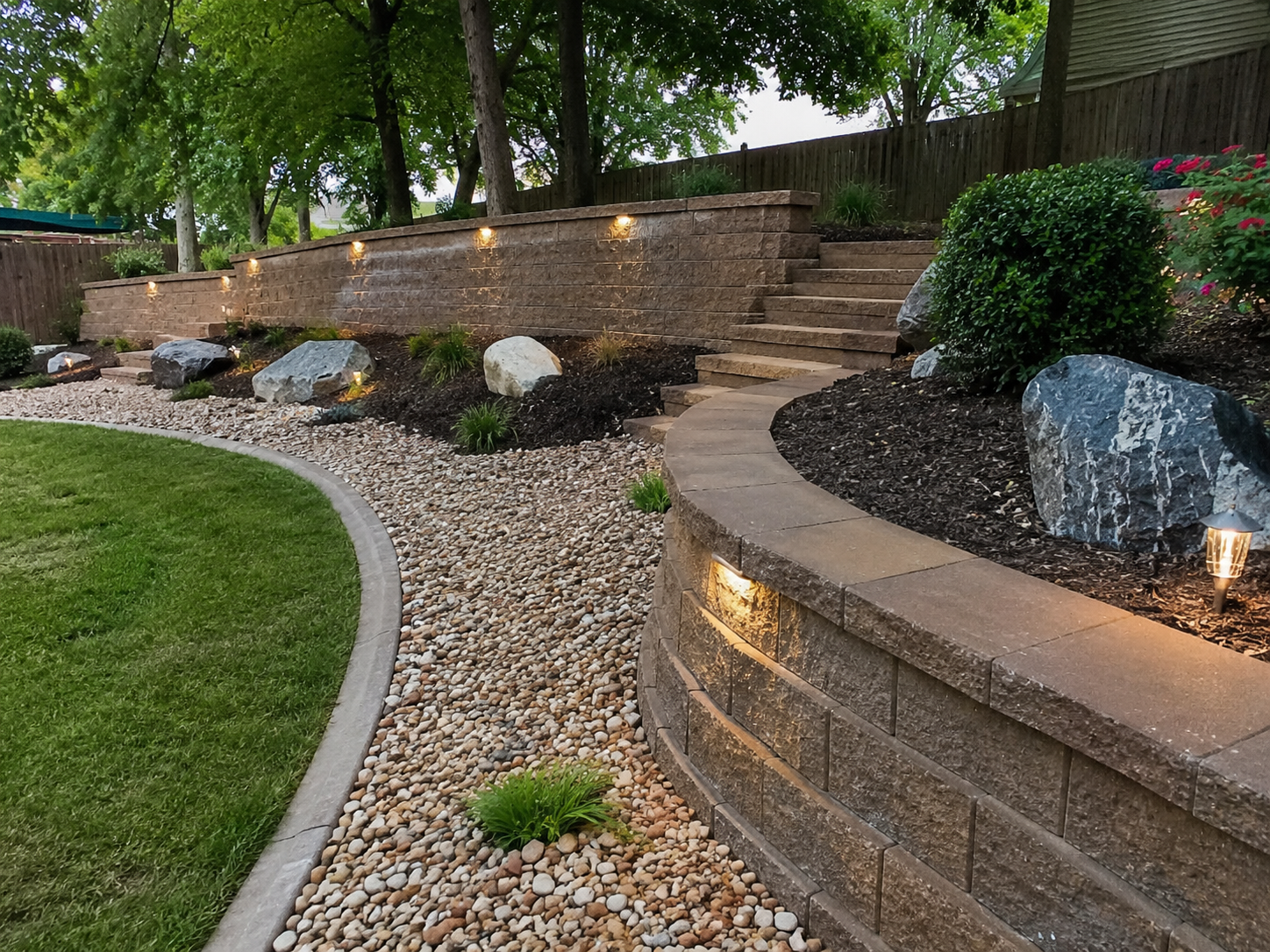 A brick driveway leading to a house with a lush green lawn.