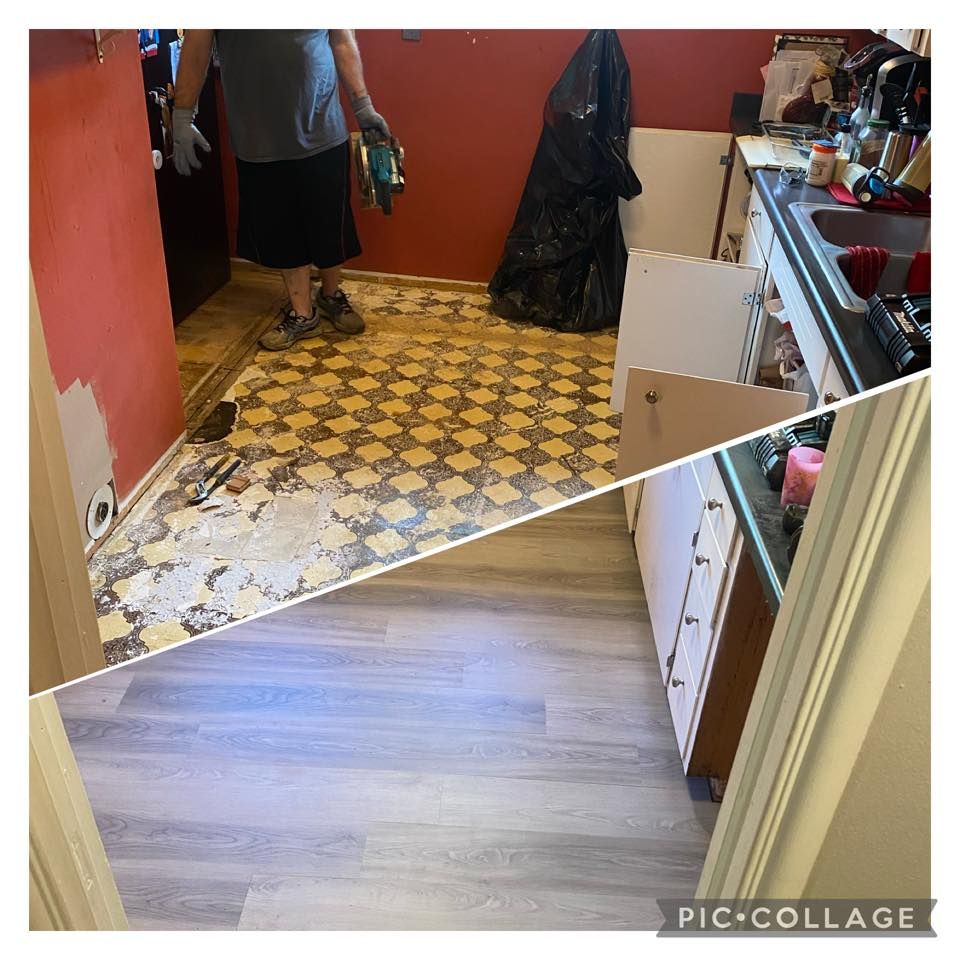 Kitchen remodel: old checkered floor before, new gray plank floor after. Cabinets, red wall, person working.