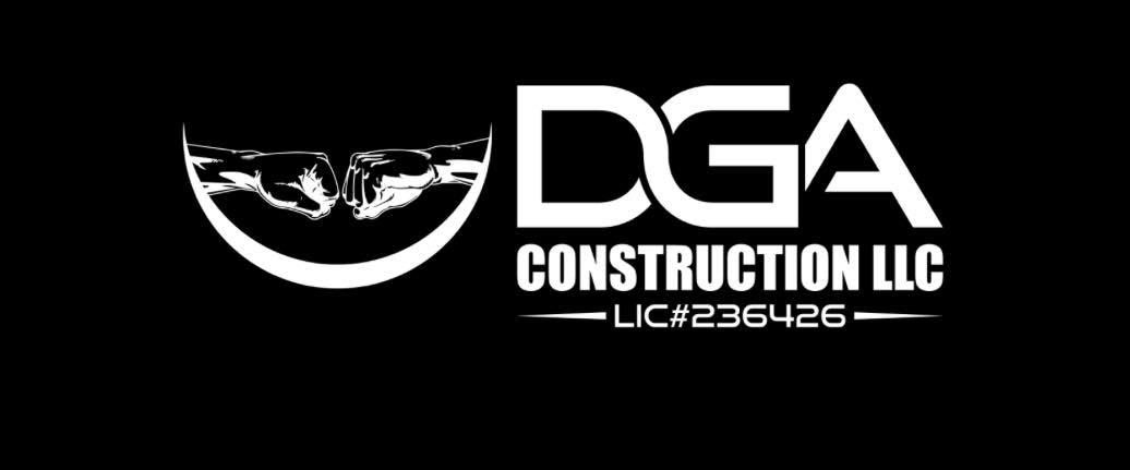 Logo for DGA Construction LLC, white text on black background. Features a mountain-like graphic in a half-circle.