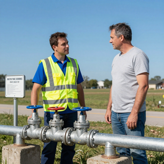 Two men inspecting a large metal pipeline in a grassy field, one wearing a safety vest.