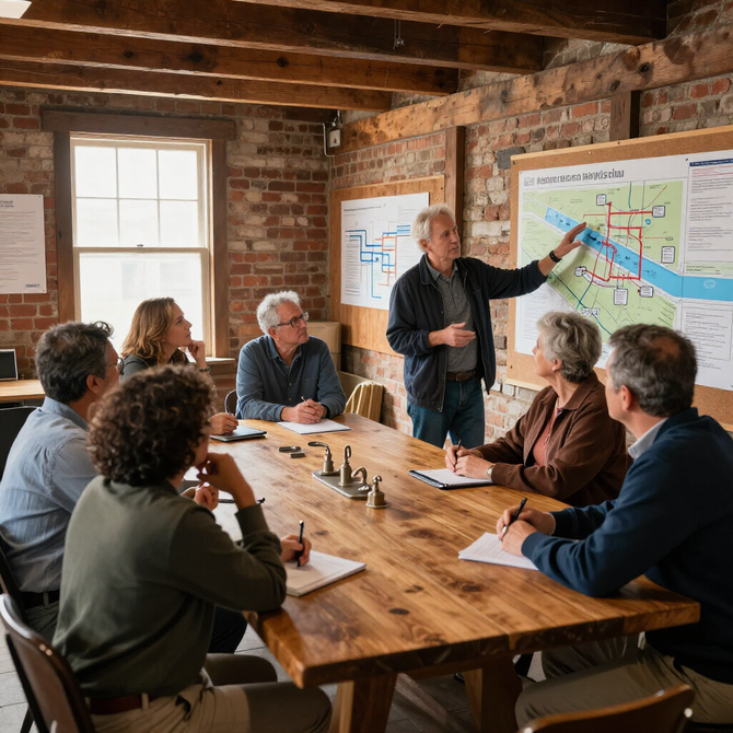 Team meeting in a rustic brick room, with one person presenting a map at a wooden table.
