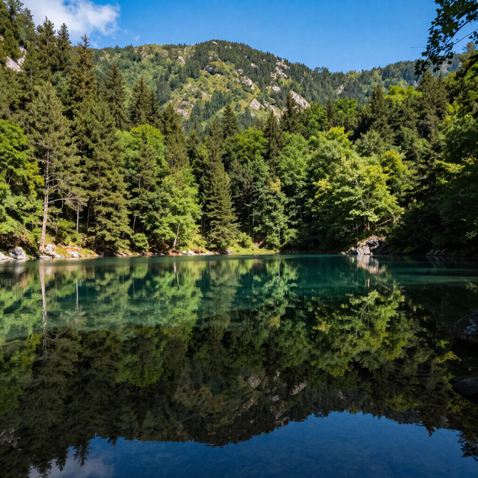 Forest and mountain reflected in a calm blue lake under a clear sky