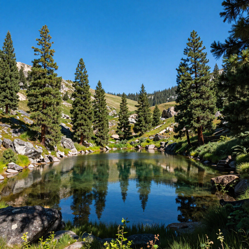 Mountain pond reflecting pine trees under a clear blue sky