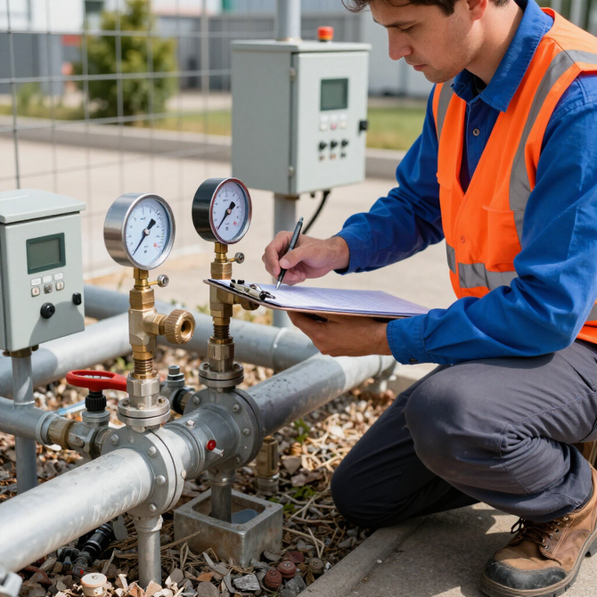 Technician in orange vest inspecting a pipeline with gauges and clipboard outdoors