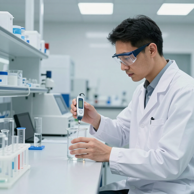 Scientist in a lab coat measuring liquid with a digital meter in a bright laboratory