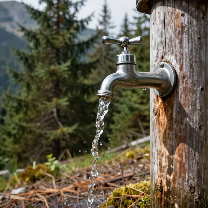 Water flowing from a metal faucet mounted on a wooden post outdoors.
